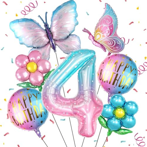Folienballon Geburtstag Mädchen, 7 Stück Feen Geburtstag Deko Folienballon, Schmetterling Ballon, Luftballons Blumen, für Mädchen Geburtstage, Fotografie, Baby Shower, Party Bedarf (4 Jahre)