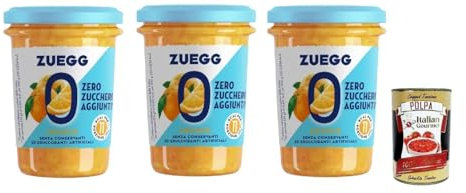Zuegg Zero Arance Orange Mermelada Jam sin azúcar añadido, sin conservantes, 3 botes de 220 g + lata italiana Gourmet Polpa di Pomodoro de 400 g