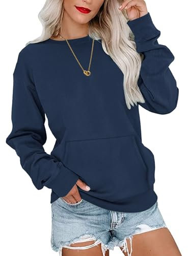 WNEEDU Sweatshirt Damen Rundhalsausschnitt Langarmshirts Herbstoutfits Lässig Bluse Damen mit Känguru Tasche Dunkelblau M