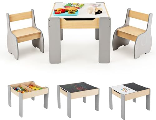 Generisch Kindersitzgruppe mit 2 Stühlen, 3 teilige Kindertisch aus Holz mit wendbarer & abnembarer Tischplatte, Kinder Maltisch mit Stauraum, Kindermöbel Sitzgruppe für Kinder ab 3 Jahren (Grau)