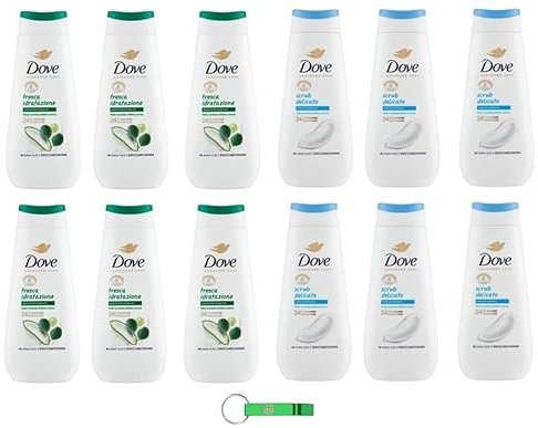 12x Testpaket Dove Advanced Care Docciaschiuma - Duschgel mit Aloe und Birkensaft + Peeling-Mineralien - Weiche Haut mit Creme Effekt 225ml + Beni Culinari Kostenloser Schlüsselanhänger