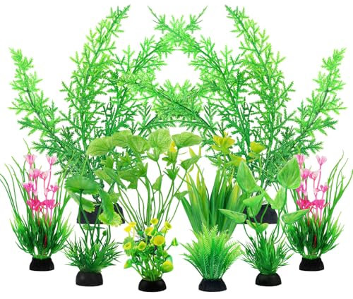 QUOZUO Fish Tank Accessories Green Plants, 10pcs Green Aquarium Decorations, Fish Tank Decor Plastic Plants