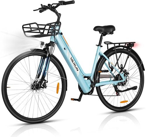 VARUN E-Bike Damen 28 Zoll mit 250W Motor, LCD Display, 6 Gang Pendler Elektrofahrrad, 36V Lithium-Batterie,E-Cityräder mit Korb vorne für den Einkaufsbummel, mit EU-Konformes