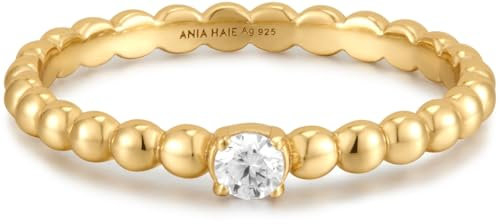ANIA HAIE Damen Ring Sunshine Chaser Cubic Zirconia Round Dome aus 925 Sterling Silber 14k vergoldet, besetzt mit einem Zirkonia, EUR Größe: 54, inkl. Geschenkverpackung