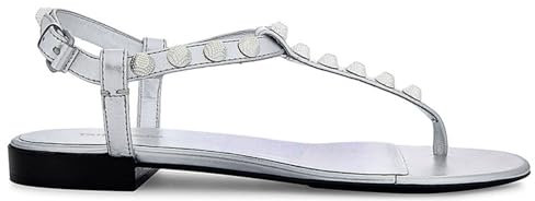 FamMe Sandalen mit Nieten für Damen, Flache Sandalen mit offener Spitze, Zehentrenner, T-Riemen, Sommer-Flip-Flops, Metallnieten, Flache Schuhe für den Strandurlaub,Silber,41