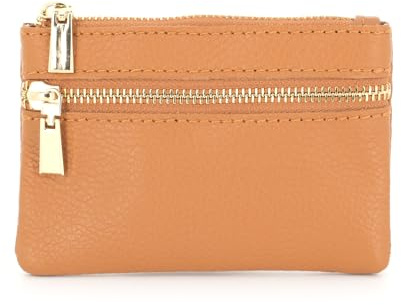 Double Tree - Petit Porte-Monnaie Cuir Véritable Grainé Ou Irisé Femme - Portefeuille Porte-Cartes 2 Compartiments - Mini Sac De Rangement Multifonctionel - Camel