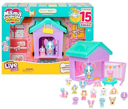 Little Live Pets Mama Surprise Families – Welpen-Partypackung, 15 Mini-Welpen zum Sammeln und Mama, ausklappbares Spielset mit Mamas Hütte, über 80 Welpen zum Sammeln, Geschenk für Kinder
