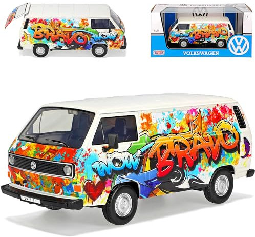 Motormax Volkwagen T3 Weiss mit Graffiti Bravo 1979-1992 1/24 Modell Auto mit individiuellem Wunschkennzeichen