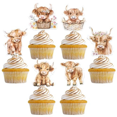 36 Stück Hochland Kuh Cupcake Toppers Süße Hochlandkuh Tortendeko Kuh Rinder Bauernhof Kuchen Deko für Baby Dusche Geburtstag Party Kuchen Dekorationen