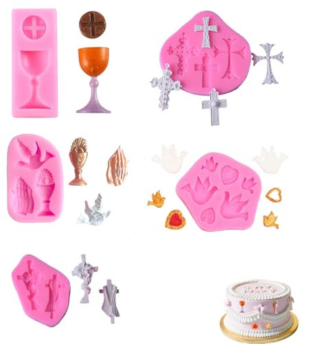Kreuzform Kuchen Fondant Form Kommunion Silikonformen Taufe Kreuz Set mit 5 Silikonformen für Kuchen, Silikonformen für Kreuze und Taufen – vielseitige Fondantformen für Kreative Backliebhaber