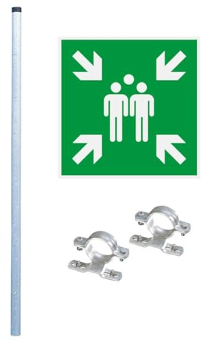 KSIGN Vorteils-Set Sammelplatz, Rettungszeichen Sammelstelle 400x400mm, Rohrpfosten Ø 60mm, Rohrschellen R107