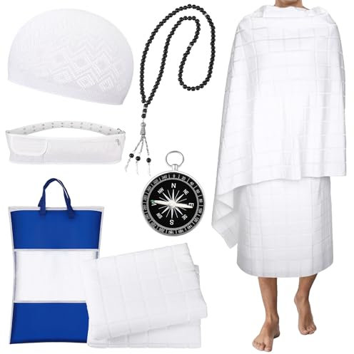 Namalu Ihram Set für Hajj und Umrah Islamische Gebetskleidung für Männer 2 Pilgerhandtücher Islam Kufi Hüt Rosenkranz Kette Bauchtasche Kompass Muslim Kleidung für Muslimisches Gebet Eid Geschenk