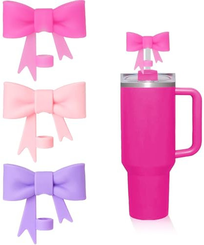 Zernblend 3 Pcs Bow Straw Cover for 30 & 40 Oz Cups, 10mm Cute Silicone Straw Topper, Cup Accessory Straw Cover (Pink, Hot Pink and Purple)