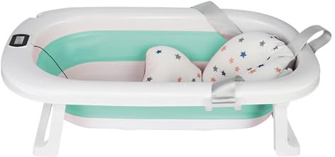 Supfine Faltbare Babybadewanne mit digitalem Thermometer, Babybadematte, ergonomisch und platzsparend, 0 bis 24 Monate (grün- 80 x 50 x 23 cm)