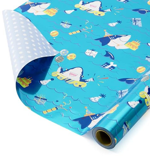 WERNNSAI Hai Geschenkpapier – 1 Rolle Hai Geschenkpapier mit Metallic Folie für Kindergeburtstagspapier für Jungen blaues Ozean Motiv Geschenkdeko