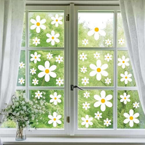 Antrect Fensteraufkleber Frühling Fenstersticker Blumen Fensterbilder Kinder Fensterdeko Frühling 8 Stücke 96Pcs Fenster Aufkleber Chrysantheme, statisch selbstklebend, wiederverwendbar
