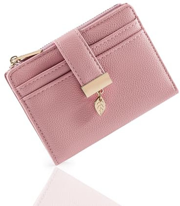 Pomelo Best kleines Portemonnaie Damen - kleine Geldbörse mit Münzfach und Druckknopf - Mini Geldbeutel im Kurzformat und Blattanhänger Design Frauen