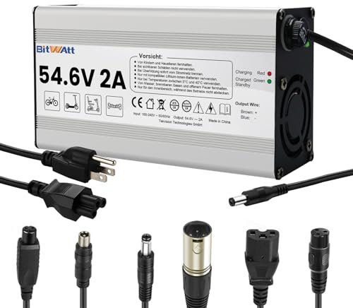 Bitwatt 54.6V 2A E Bike Ladegerät für 48V Lithium-Ionen Akkus – Universelles Netzteil für Elektrofahrräder und E Scooter mit LED Ladeanzeige und Mehrfachschutz (54.6V 2A)