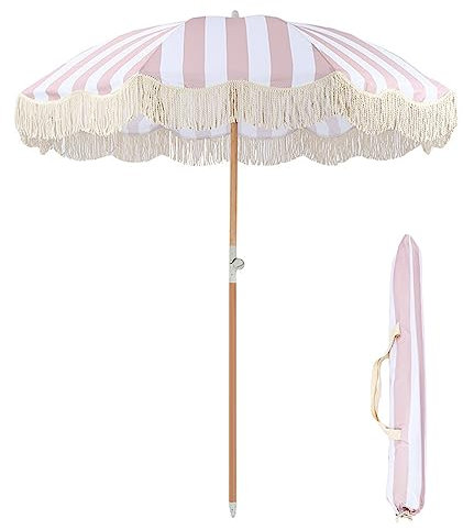 DLAZUM Parasol de Jardin à Rayures Roses et Blanches de 2 m, Parasol de Plage Portable avec Pompons, Parasol de Patio Vintage avec Fonction d'inclinaison et poteaux en Bois, 8 b