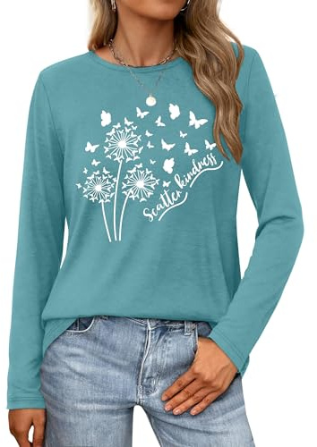 tiorhooe Long Sleeve Tops Women Casual Crew Neck Fashion Going Out Tee Top | Floral Dandelion Prints, Soft Breathable Fabric, Comfy Relaxed Fit, Versatile Daily Wear, Easy Care, Machine Washable