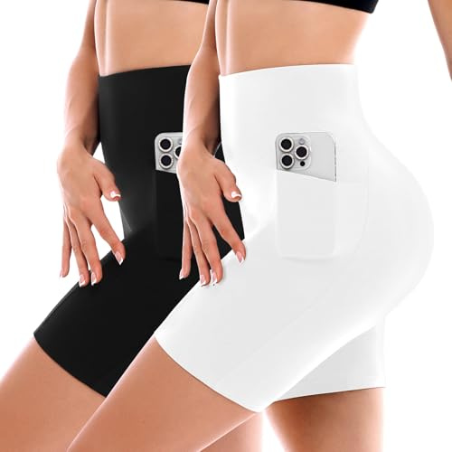SINOPHANT 2 Pack Cycling Shorts Women with Pockets High Waist Biker Yoga Running Gym Workout Buttery Soft Athletic White SM