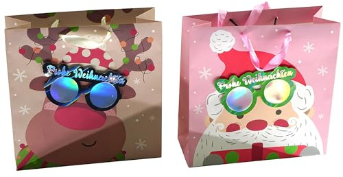 12 x Geschenktüte - 25 x 25 x 10 cm - Weihnachtstaschen aus Papier | Nikolaus & Rentier mit 3D-Brille – Geschenkverpackung Weihnachten, stabil & umweltfreundlich