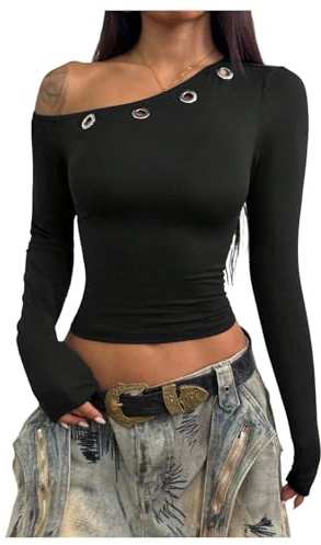 GORGLITTER Off The Shoulder Tops for Women Asymmetrical Grommet Eyelet Long Sleeve Slim Fit Rave Crop Tees Black Medium
