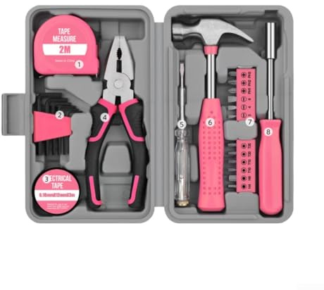 24PC Household Tool Set Multifunctional Kit for Home Repairs, Renovations, and DIY Projects (Pink)