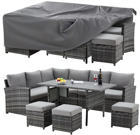 YODOLLA 10 Seater Garden Furniture Set with Cover, Outdoor Patio Grey Rattan Conversation Set with Dining Table, Chairs & Ottomans, Garden Wicker Sofa Set for Patio