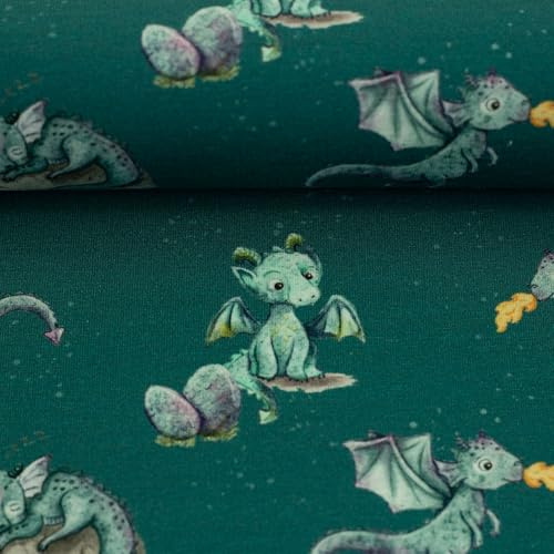 Baumwolljersey MIRACLE by Christiane Zielinski – Drachen, Elfen, Monster & Einhorn – 4 Designs je 2 Farben – Oeko-Tex® Standard 100 – Jersey Meterware (Drachen, smaragd)