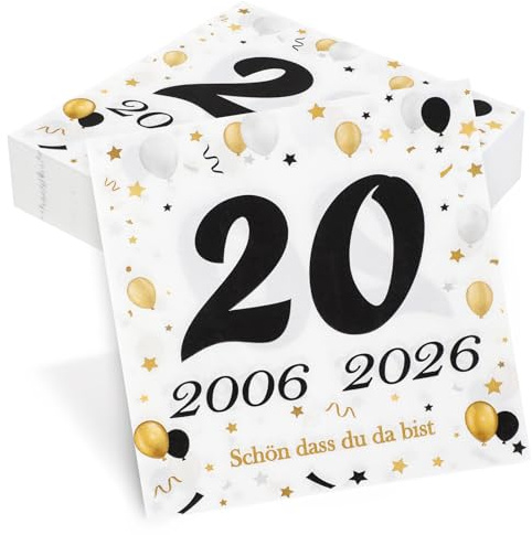 50 Stück Servietten 20. Geburtstag, Seutgjie 20 Geburtstag Deko 2006-2026 Porzellanhochzeit Jubiläum Tischdeko Schwarz Gold Tisch-Deko Party Gedeckter Tisch