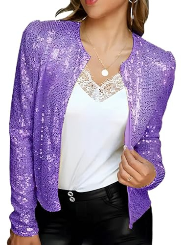 Jamron Donna Slim Fit Brillantini Giacca Blazer con Paillettes Discoteca Festa Giacca Bolero SN0708295 Viola XXL