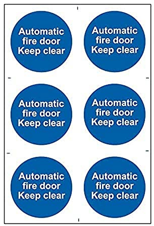 CenturionAutomatic Fire Door Keep Clear Sign - Mandatory Health & Safety - Self-Adhesive PVC - 200mm x 300mm - 6 Per Sheet