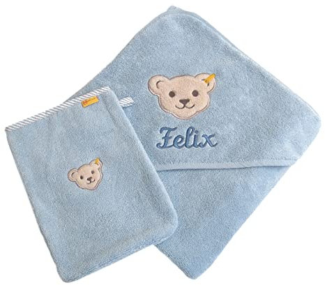 Set aus Kapuzentuch mit Ihrem Wunsch-Namen in der abgebildeten Stickschrift bestickt und Waschhandschuh, Steiff Collection, hellblau