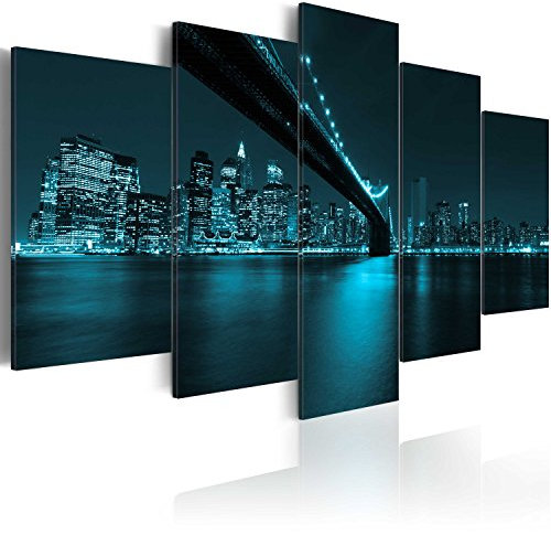 B&D XXL - Wandbilder XXL New York 100x50 cm - Leinwandbilder - Fertig Aufgespannt - Vlies Leinwand - 5 tlg - Wandbilder XXL - Kunstdrucke - Wandbild - City Stadt Panorama Brücke schwarz blau
