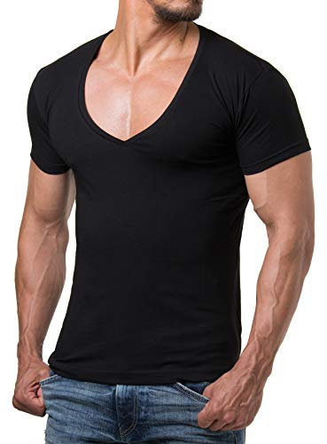 Re Rock Young & Rich - Camiseta para hombre, en 12 colores, con cuello de pico, corte ajustado y monocolor - tallas de la S hasta 3XL Negro S