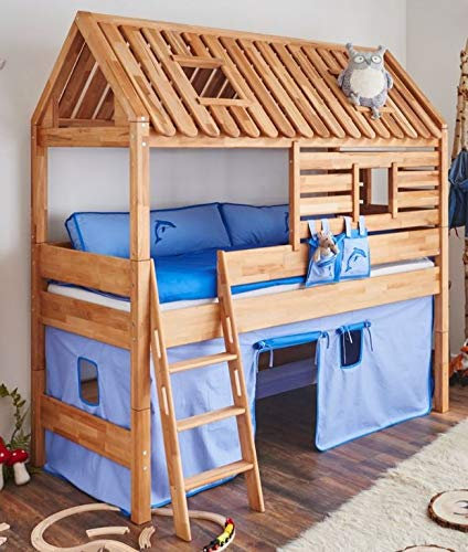 Froschkoenig24 Spielbett Tom´s Hütte 20588 Hochbett Kinderbett Stoffset Blau/Delphin