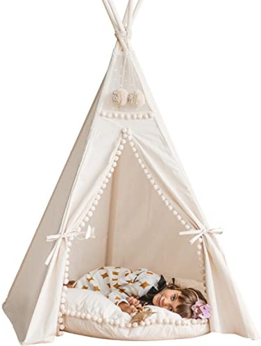 MINICAMP Kinder Tipi-Zelt - sehr strapazierfähiges, originales Tipi-Zelt aus naturbelassenem Canvas - Spielzelt mit Bommel-Verzierungen für Kinder