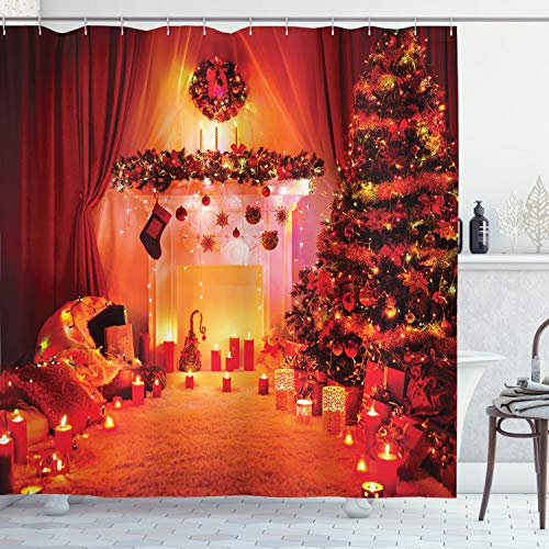 ABAKUHAUS Weihnachten Duschvorhang, Noel New Years Theme, Stoffliches Gewebe Badezimmerdekorationsset mit Haken, 175 x 200 cm, Orange