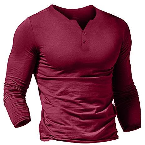 Mens Long Sleeve Henleys T-Shirts Buttons Placket Plain v Neck Cotton Shirts Cotton Style B Wine red M