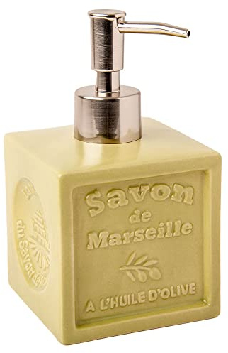 Maison du Savon – Keramik-Seifenspenderpumpe – Grün/Oliv – Pumpkopf aus gebürstetem Aluminium – fasst 300 ml Flüssigkeit, Handwäsche