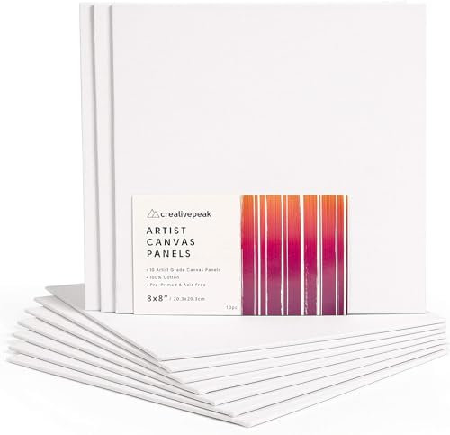 Blank Canvas Panel Boards (8x8, 10 PK) - White Canvases for Professional Artist - Acid-Free Paint Board for Oil & Acrylic Painting by CreativePeak