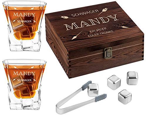 Maverton Whisky Steine Set - in Holzbox mit Gravur - 8 Eiswürfel & 2 Whisky Gläser - wiederverwendbar - personalisierte Geschenke - Geschenke für Männer - Schwager