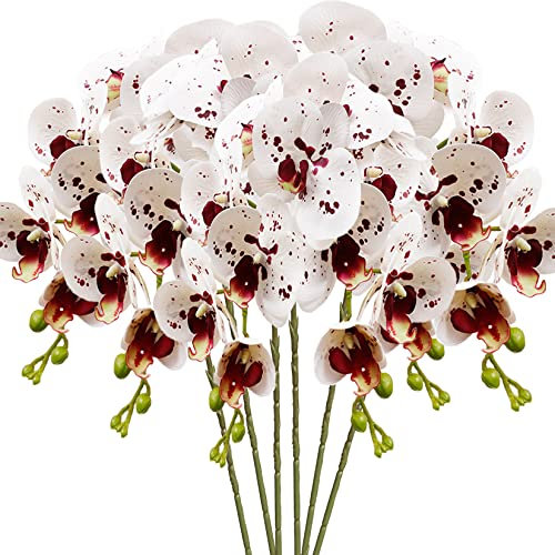 HinyoCo 6 Stück künstliche Orchideen-Blumen, künstliche Phalaenopsis-Blumen, 81,3 cm, Stielpflanzen für Zuhause, Hochzeitsdekoration (weiß mit Punkten)