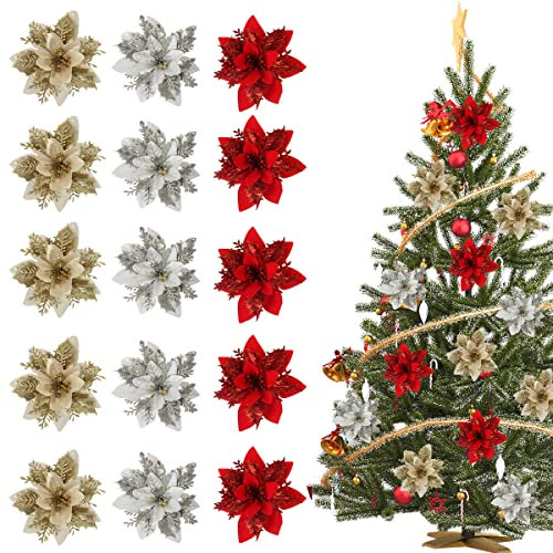 FainFun Fiori di Natale Glitter Poinsettia, 15 Pezzi 14 * 14CM Ornamenti Albero di Natale Fiori Oro Rossi Argento, Fiore Stella di Natale per Albero,Decorazioni (Oro, Rosso, Argento)