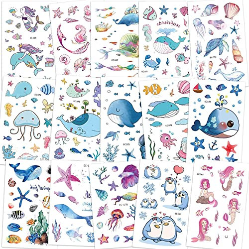 Tattoo Kinder, 15 Blatt Fische/Delfine/Hai Meerestiere Kindertattoos Aufkleber, Wasserdichtes Temporäres Tattoo Set Mitgebsel Kindergeburtstag Gastgeschenke Meer Deko Spielzeug Geburtstagsdeko
