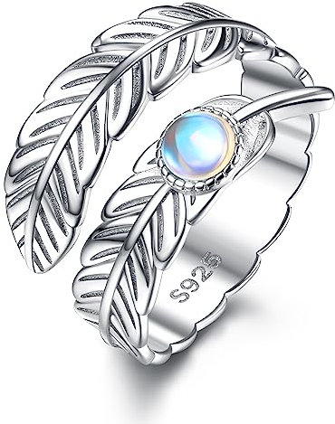 Krfy Ring Silber 925 Damen Breit Verstellbar Daumenring Damen Silber 925 Engelsflügel Ring Feder Ewigkeit Mondstein Ring Verstellbar Offen Ringe Frauen