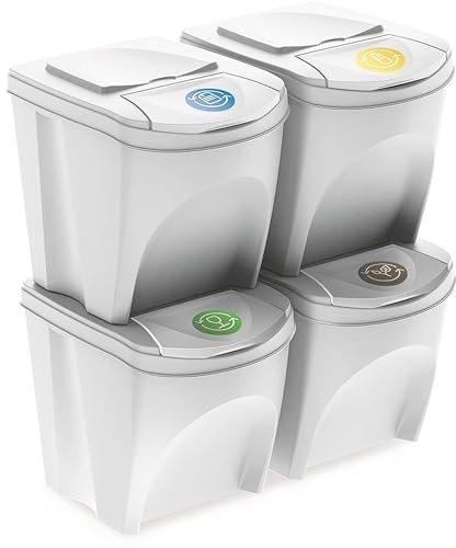 Set de 4 cubos de basura KEDEN SORTIBOX papelera reciclaje, blanco roto, volumen 4x25L
