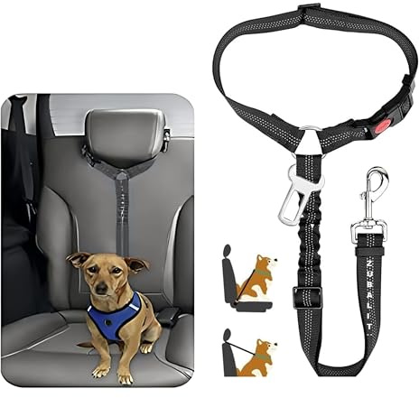 Seat Belt For Dogs In Car Adjustable - Headrest Dog Car Seat Belt Restraint Puppy - Elastic Pet Dog Seat Belt harness - Strong Leads Harness for Dogs Cats and Pets - Black with Buckle