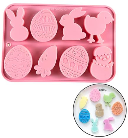 PTaizjjz 1 x Oster-Schokoladenform, 8 Mulden, Ei, Kaninchen, Küken, Karotte, Süßigkeitenform für DIY Gelee, Gebäck, Kuchen, Backen